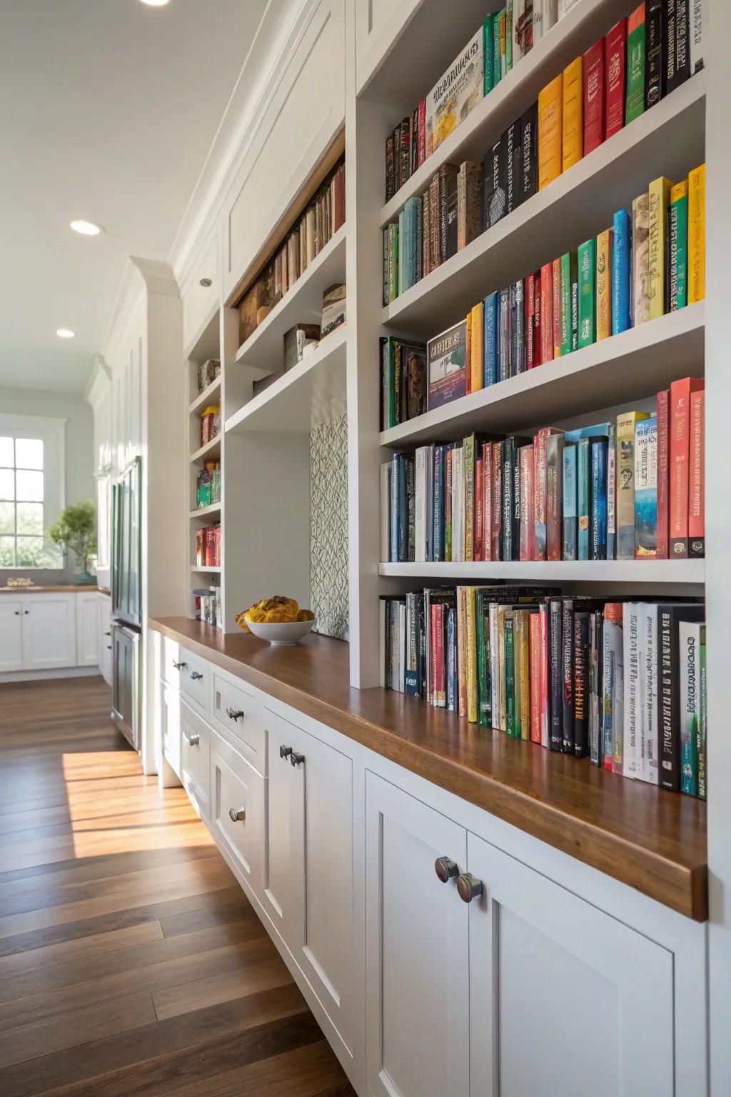 Custom built-in shelves create a cohesive look for storing cookbooks.