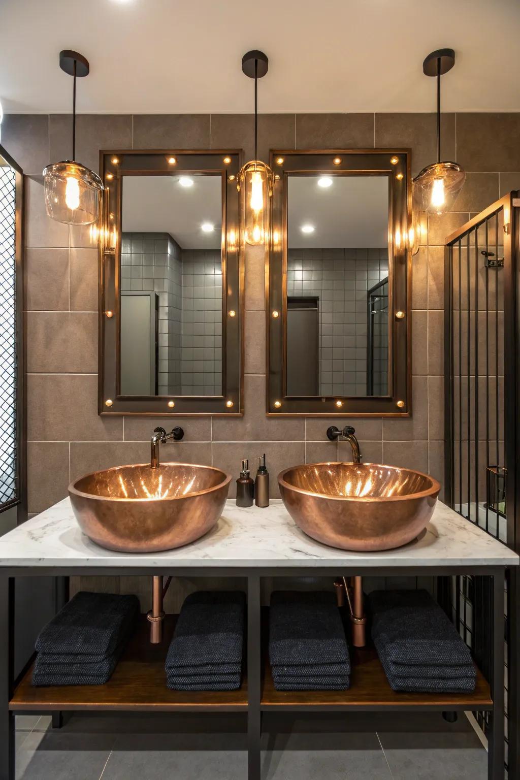 Dual copper sinks bring symmetry and style to this well-designed shared bathroom.