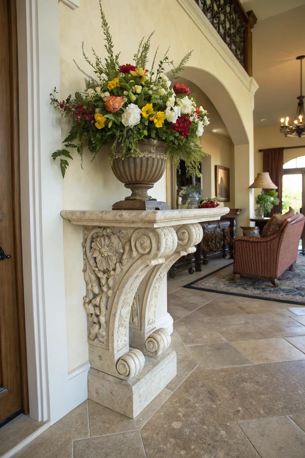 A corbel console makes a stylish statement in the hallway.