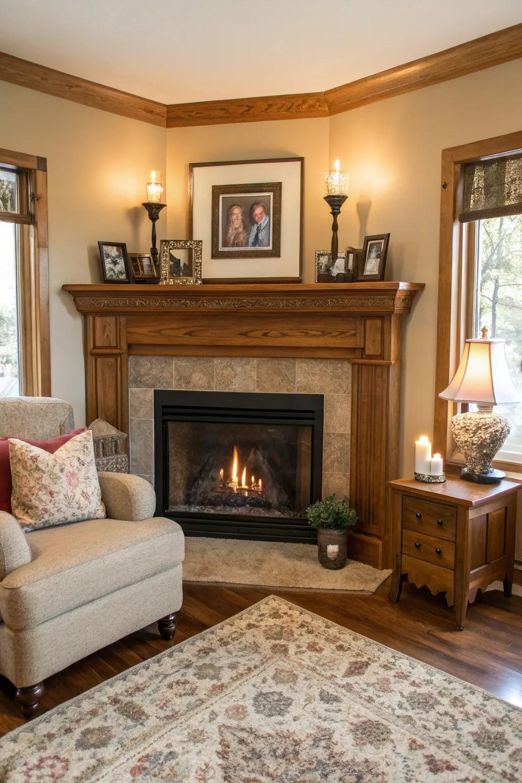 Traditional wooden mantel enhancing a classic corner fireplace.