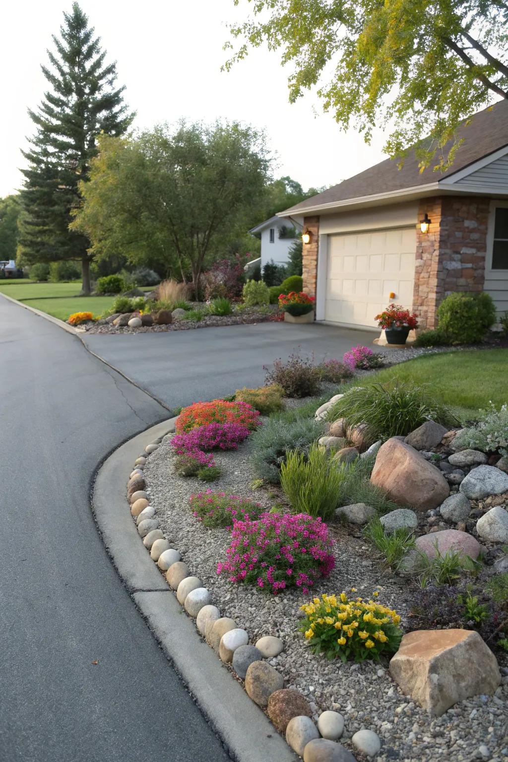 Beautifully landscaped borders framing a driveway.