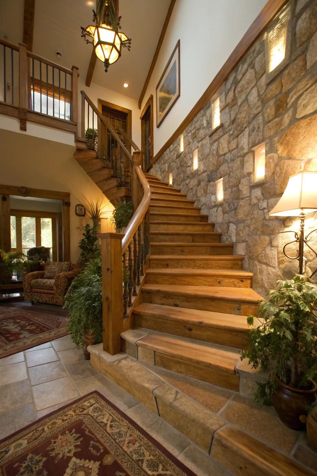 Natural materials infuse warmth and texture into corner stairs.