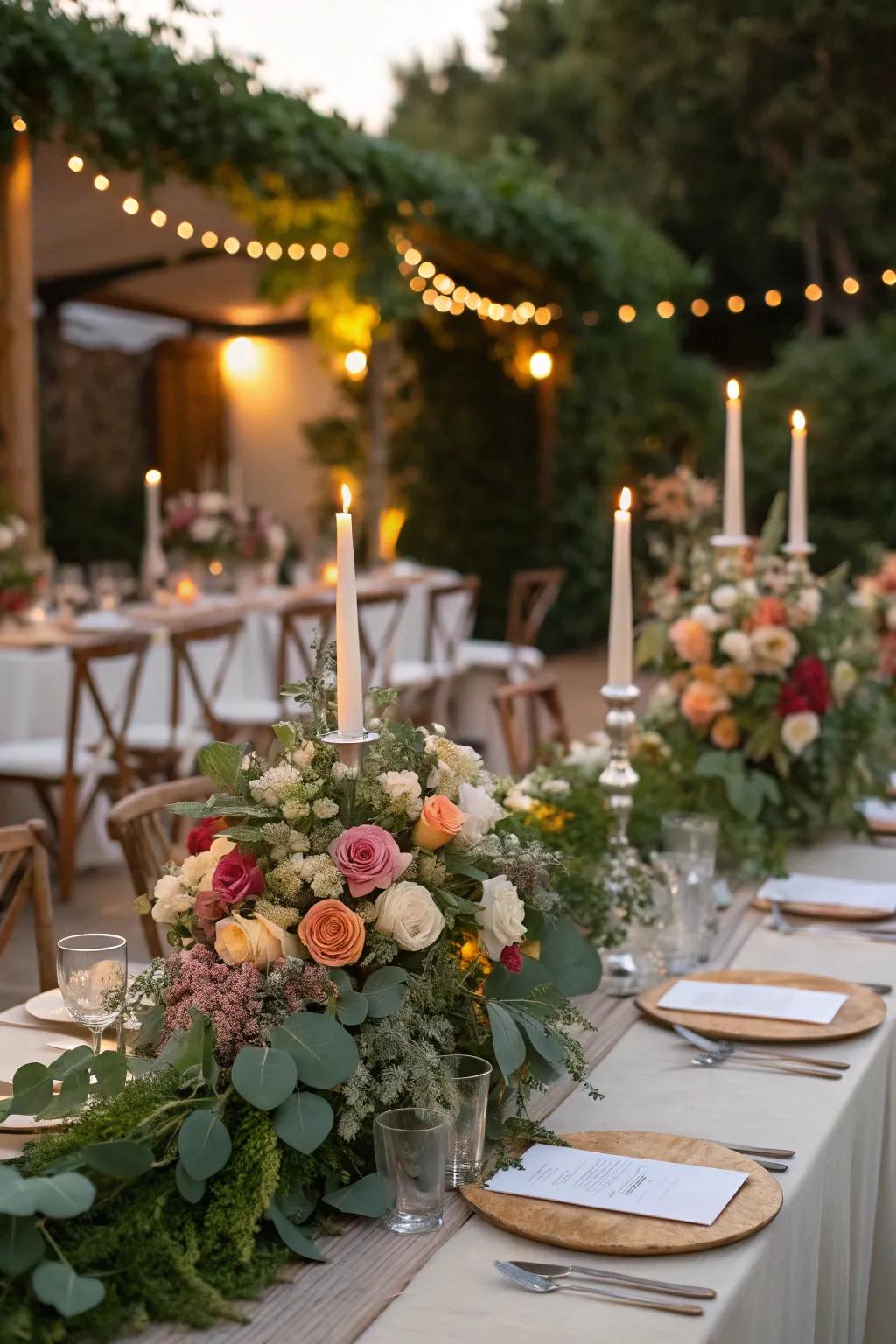 Wedding tables adorned with lush floral and greenery arrangements.