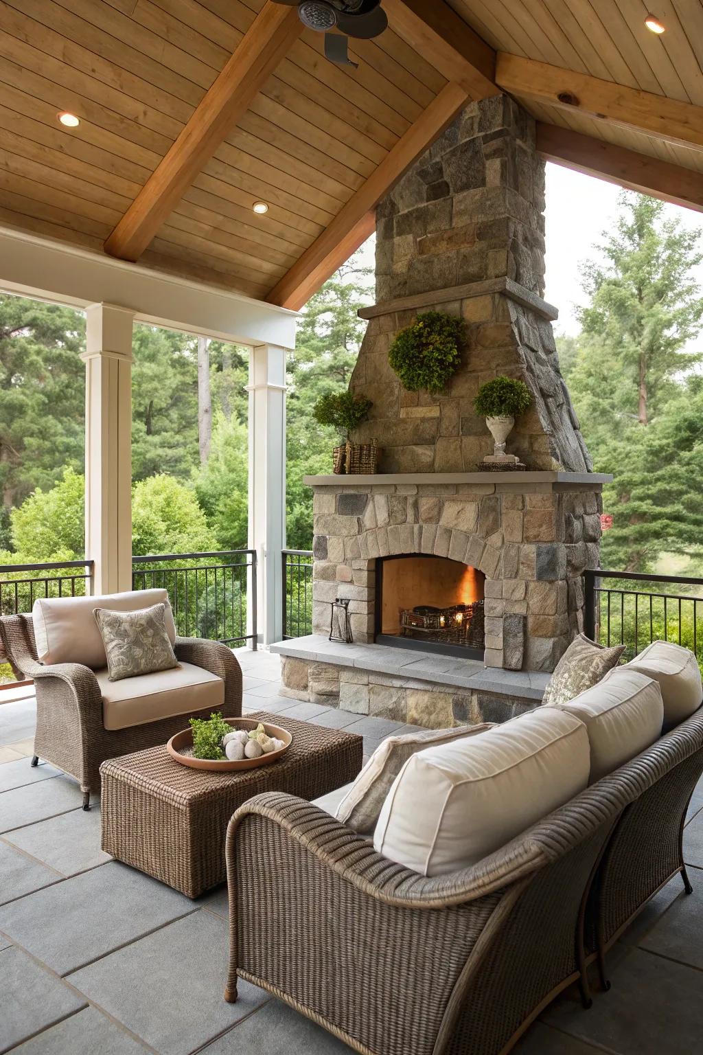 A stone fireplace brings warmth and ambiance to the porch.