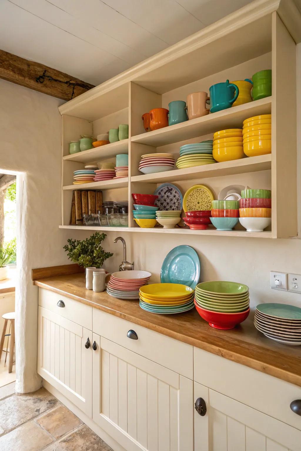 Open shelving adds a personal flair to cream kitchens.