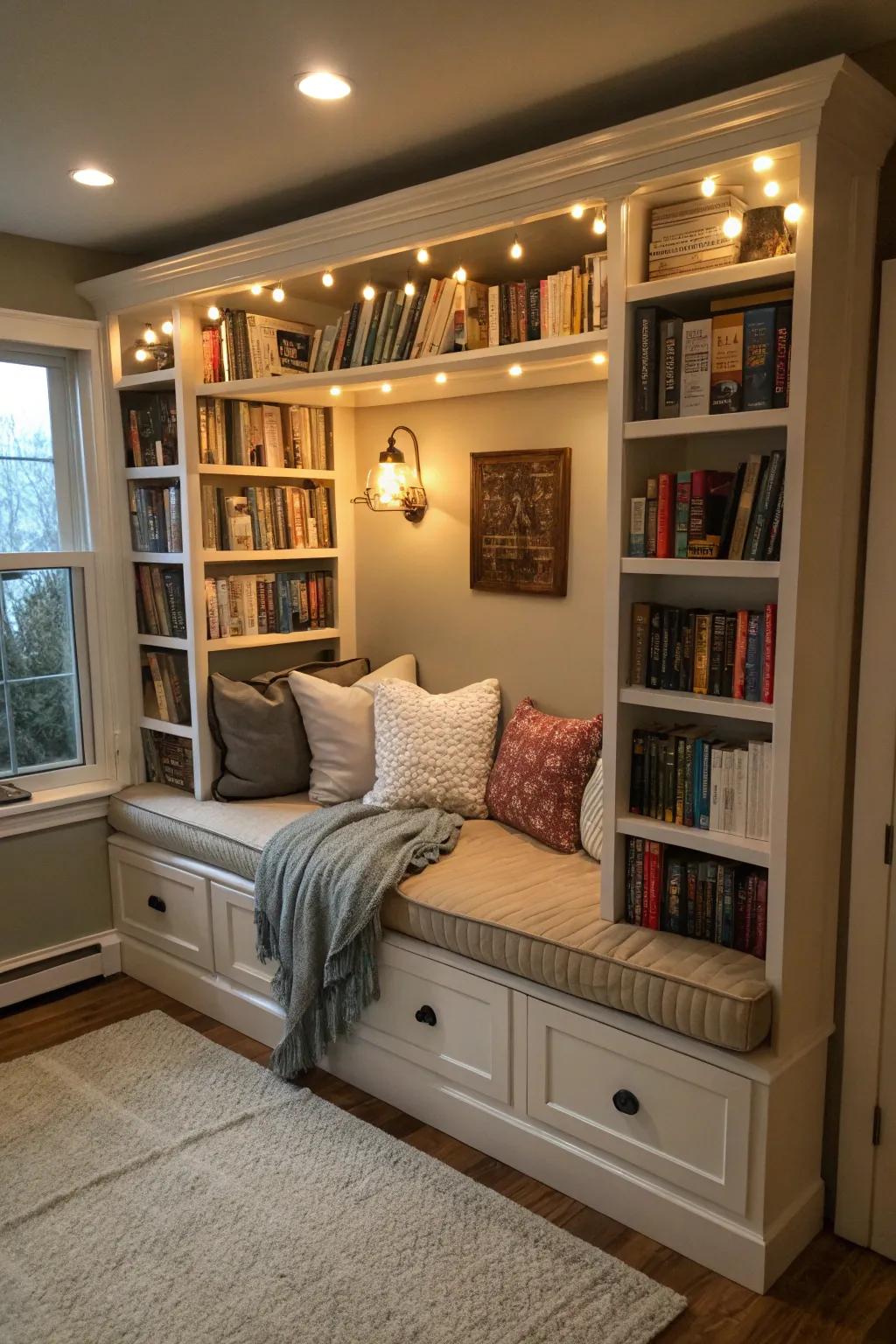 Multi-functional bookshelves maximize space and utility.