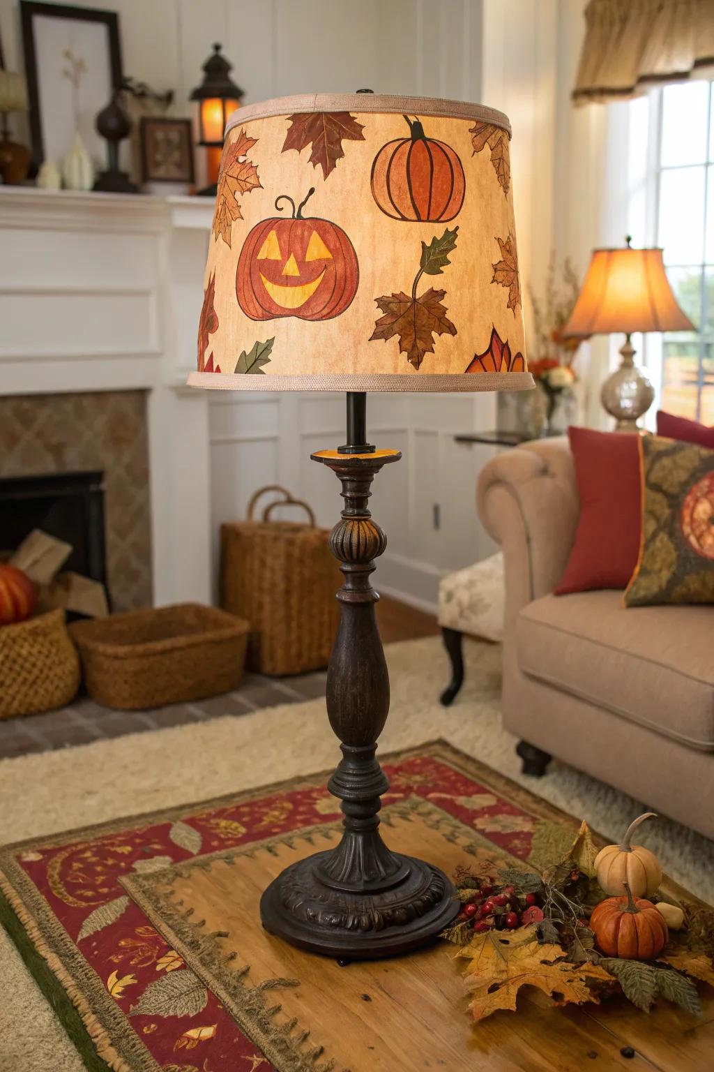 A pumpkin-themed lamp adding a festive touch to a living room.