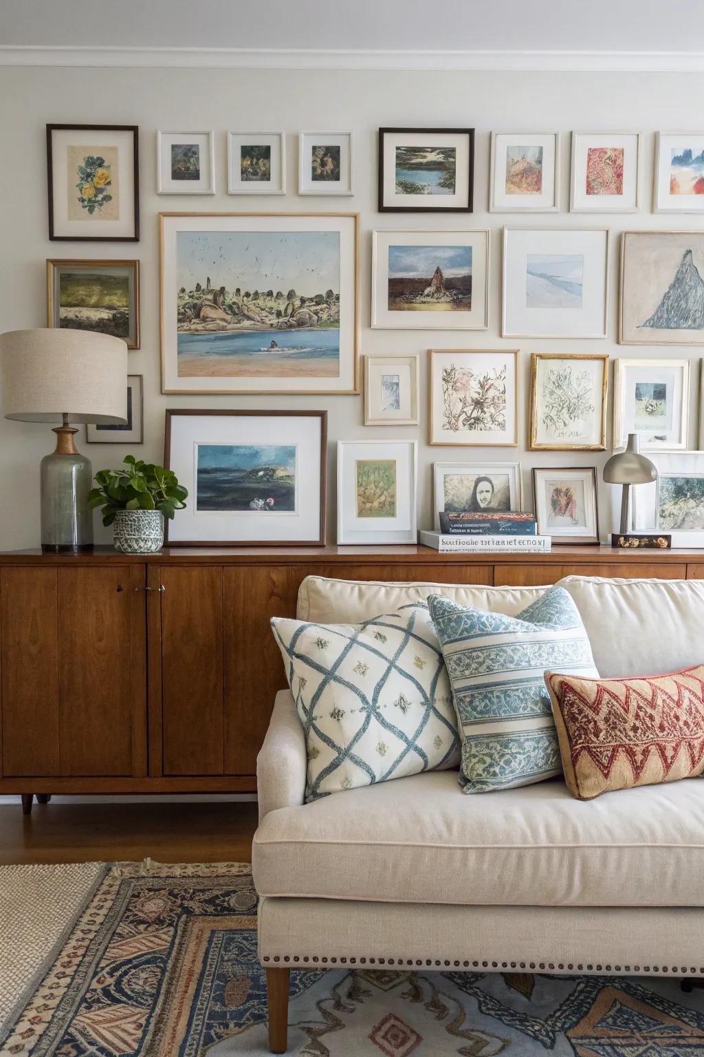 An art gallery display on a credenza adds character to the room.