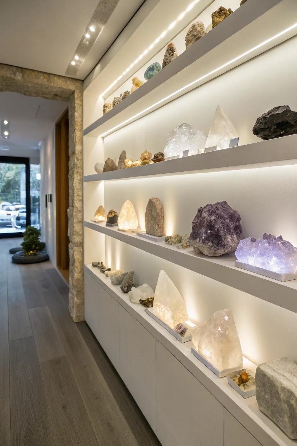 Floating shelves with crystals and subtle lighting.