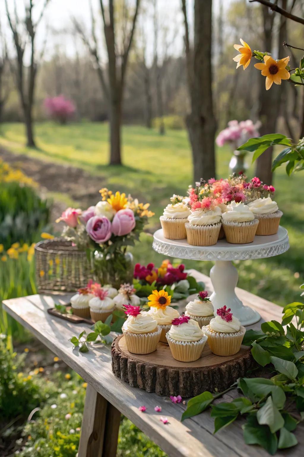 A garden setting enhances the natural look of the cupcake display.