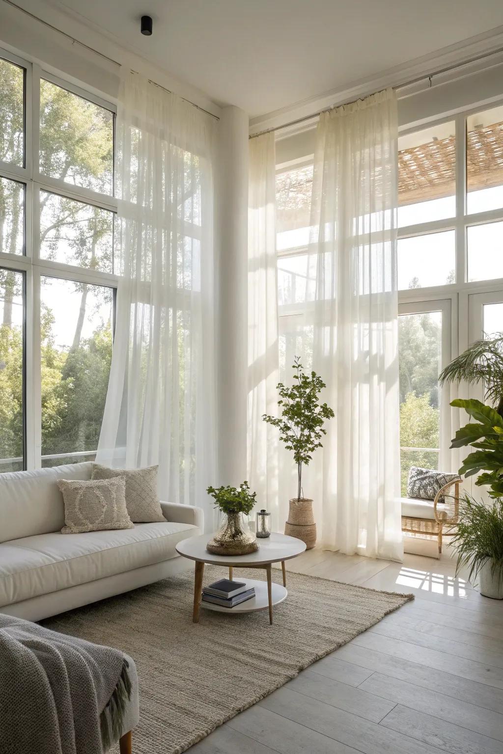 Sheer curtains offer privacy while keeping the room light and breezy.