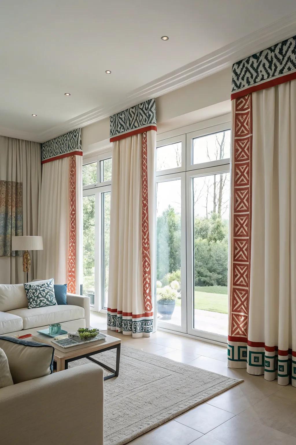 Modern curtains with striking geometric banding.