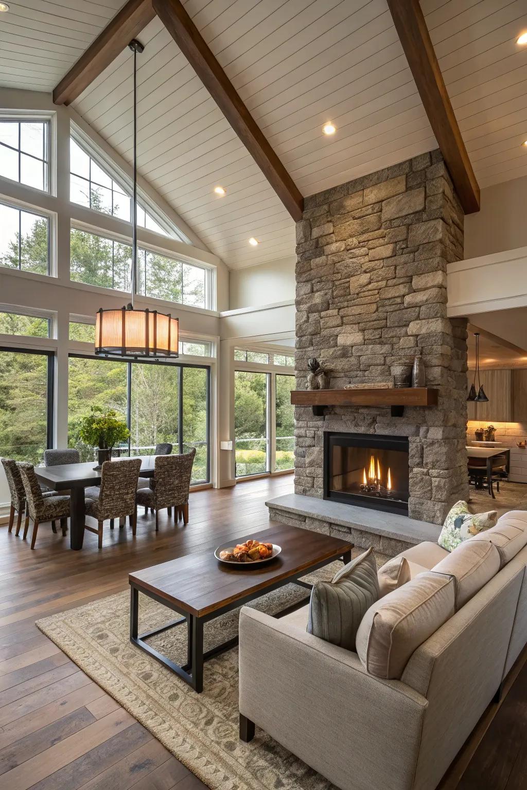 An open concept layout featuring a central fireplace that enhances connectivity.