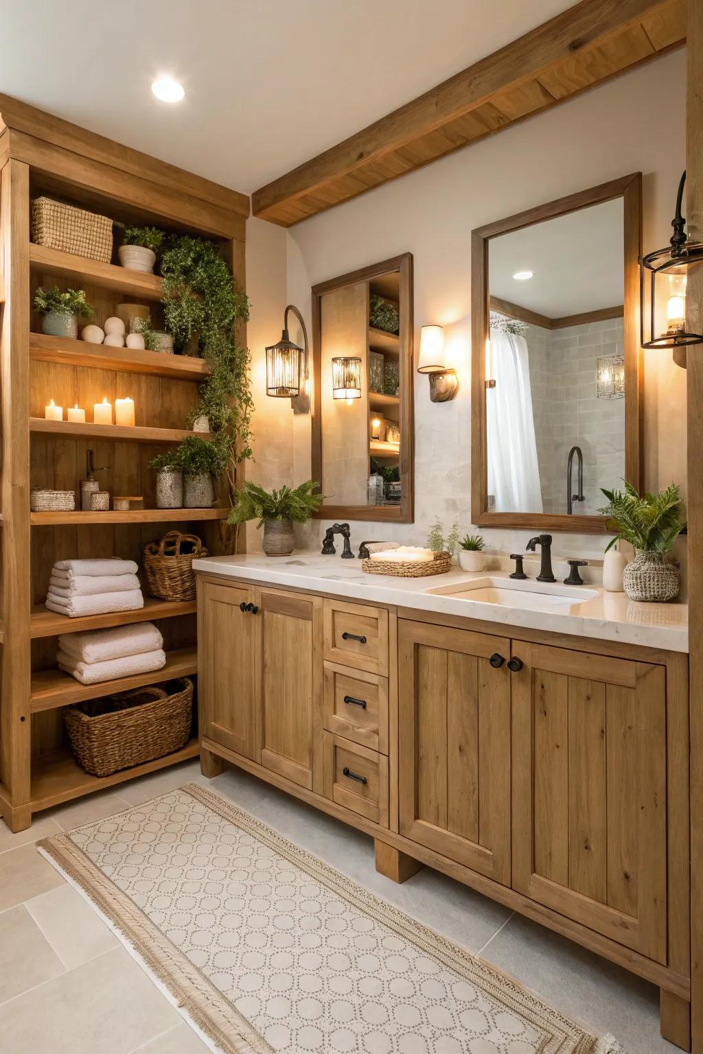 Natural wood elements bring warmth and texture to your bathroom.