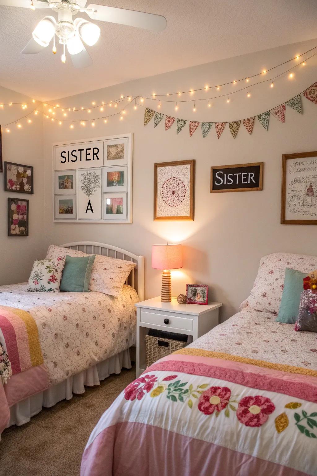 Unique personal touches for each sister in a shared room.