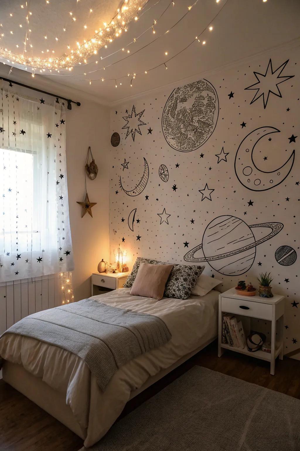 Celestial elements bring a dreamy touch to the bedroom.