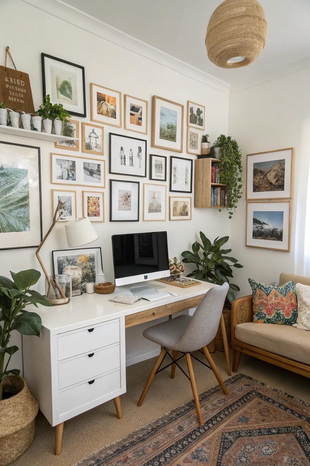 A personalized gallery wall in a home office, featuring art prints and personal photos.