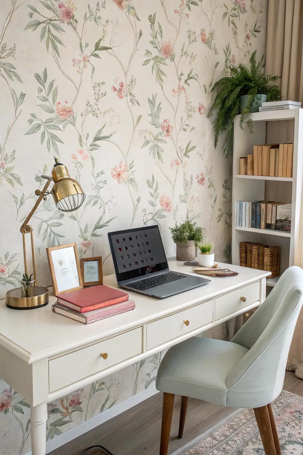 A home office featuring delicate floral wallpaper, creating an inspiring workspace.