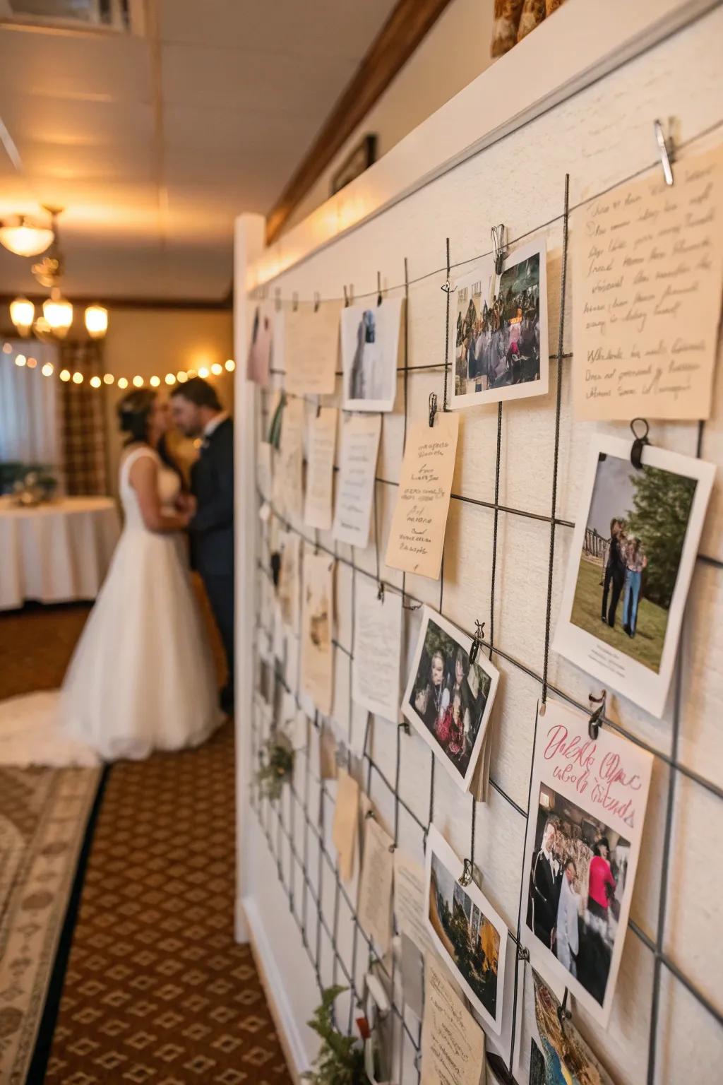 An interactive memory wall filled with photos and notes.