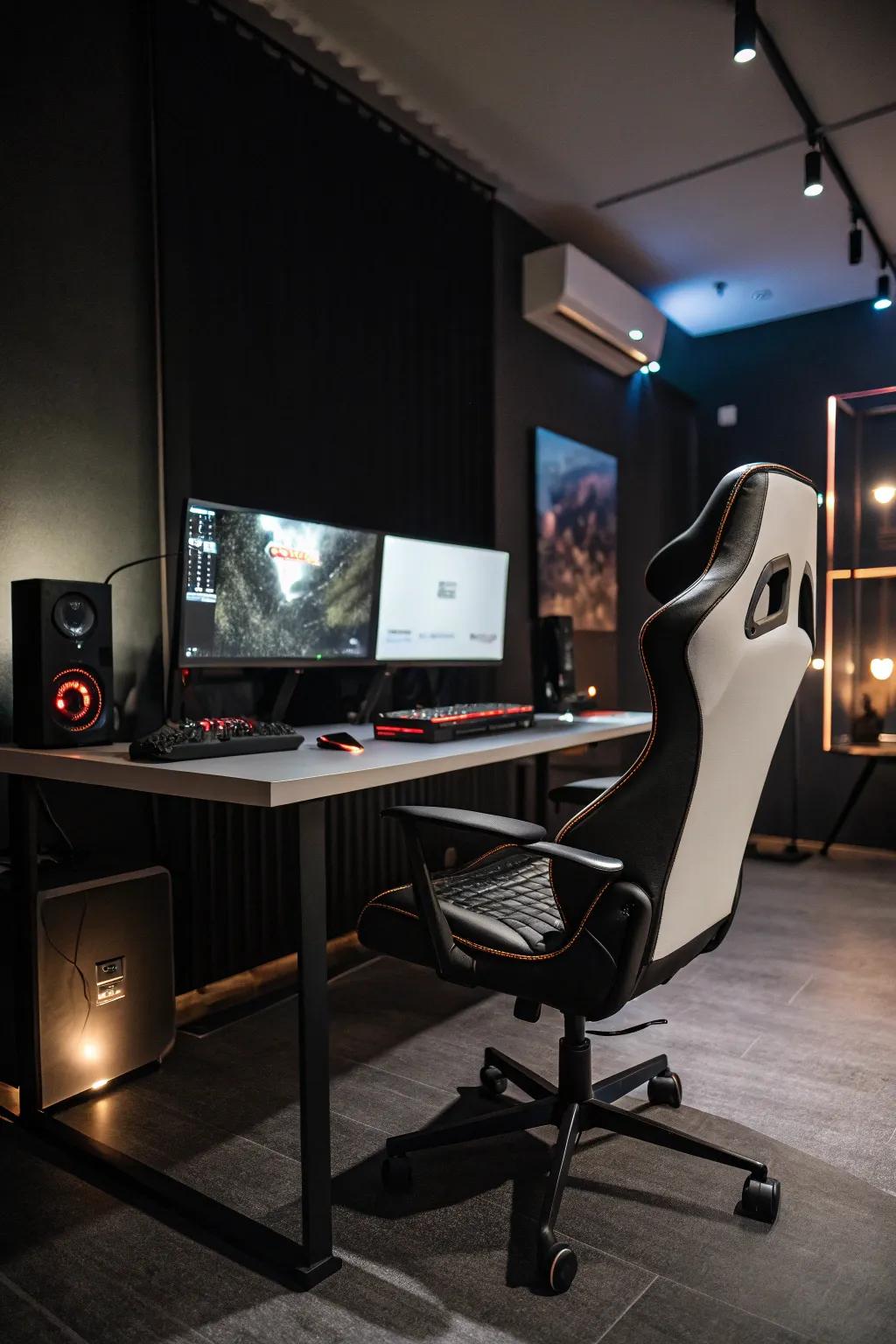 Modern and minimalistic furniture enhances both aesthetics and comfort in your gaming room.