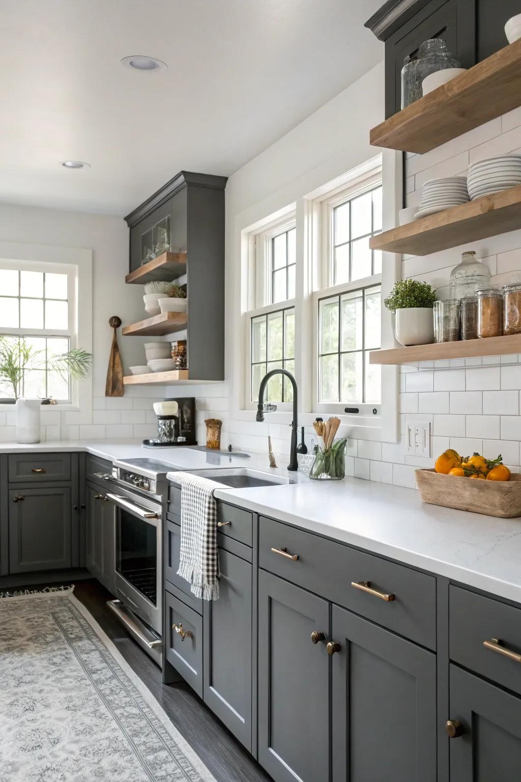 Dark gray cabinets beautifully contrasted with white countertops for a bold look.