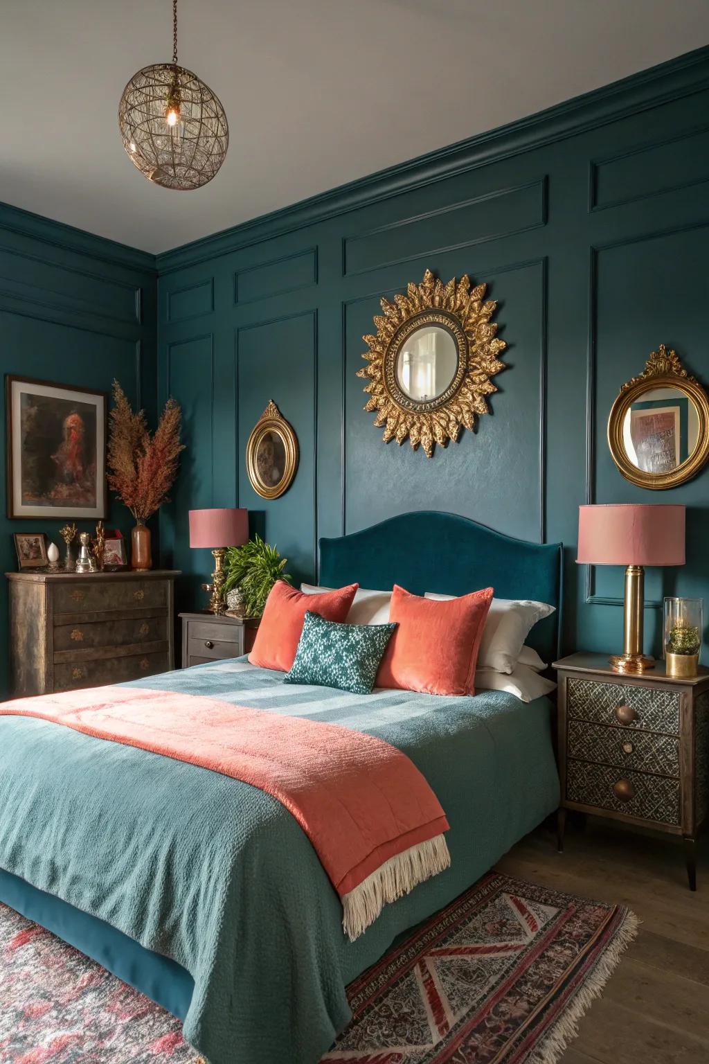 Coral and gold accents breathe life into dark teal.