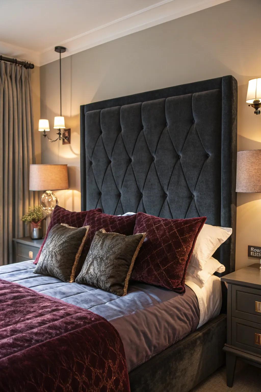 Velvet touches in dark hues add luxurious warmth to a vintage-styled bedroom.