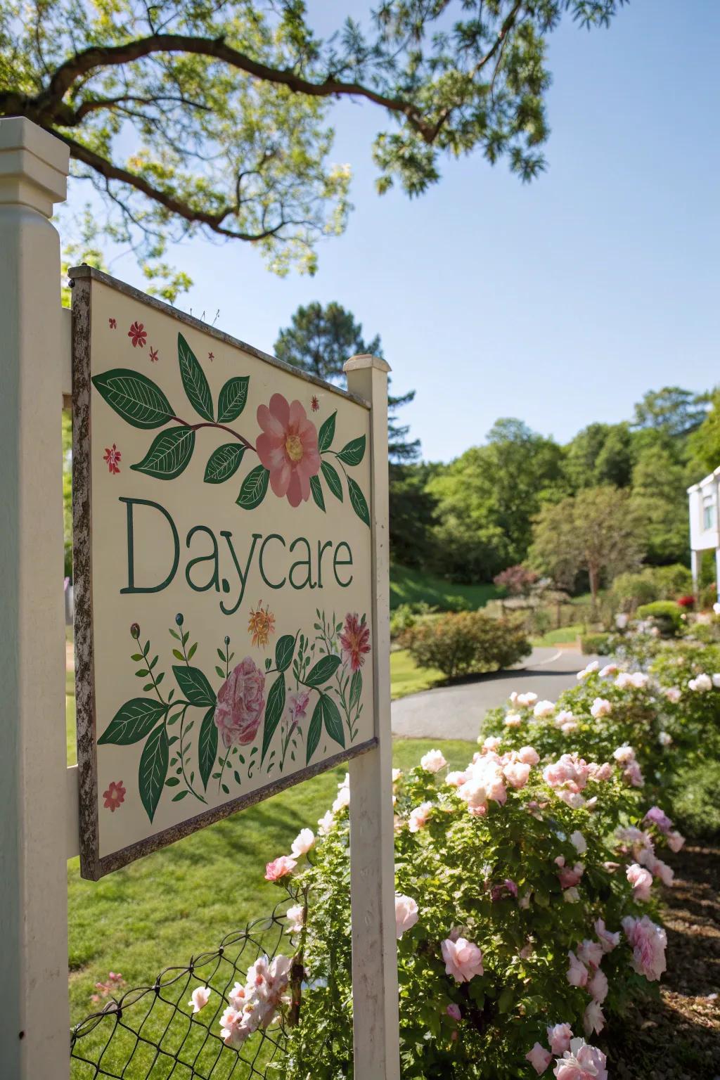 Nature-inspired signage creates a tranquil and inviting atmosphere at the daycare entrance.