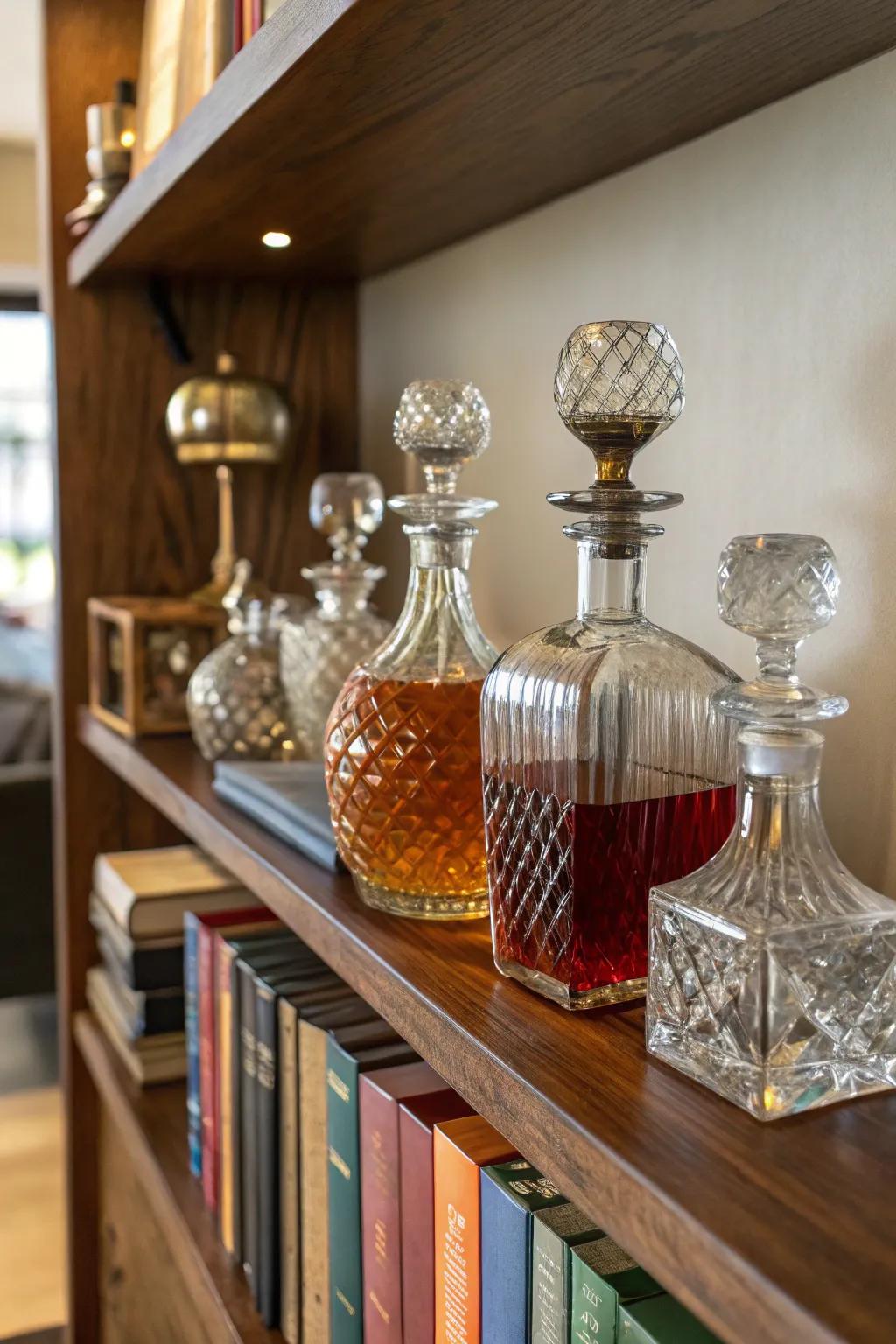 A diverse collection of decanters displayed on a shelf.