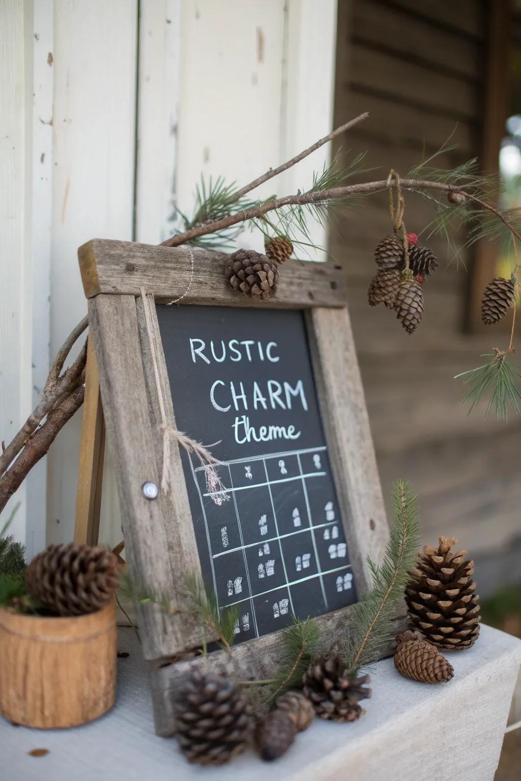 A rustic-themed chalkboard calendar adorned with natural elements.