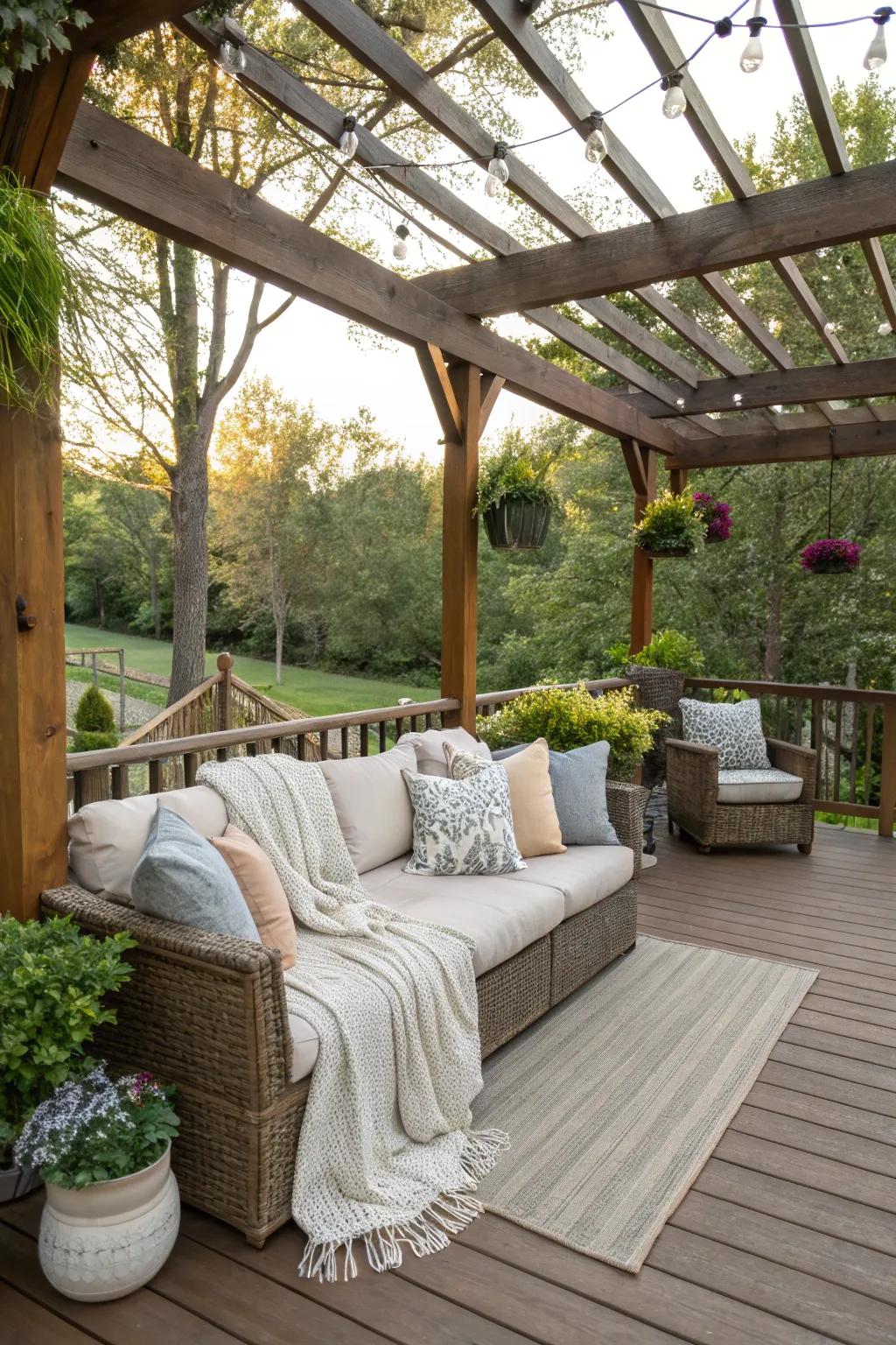 A cozy couch nook under a pergola, perfect for relaxation.