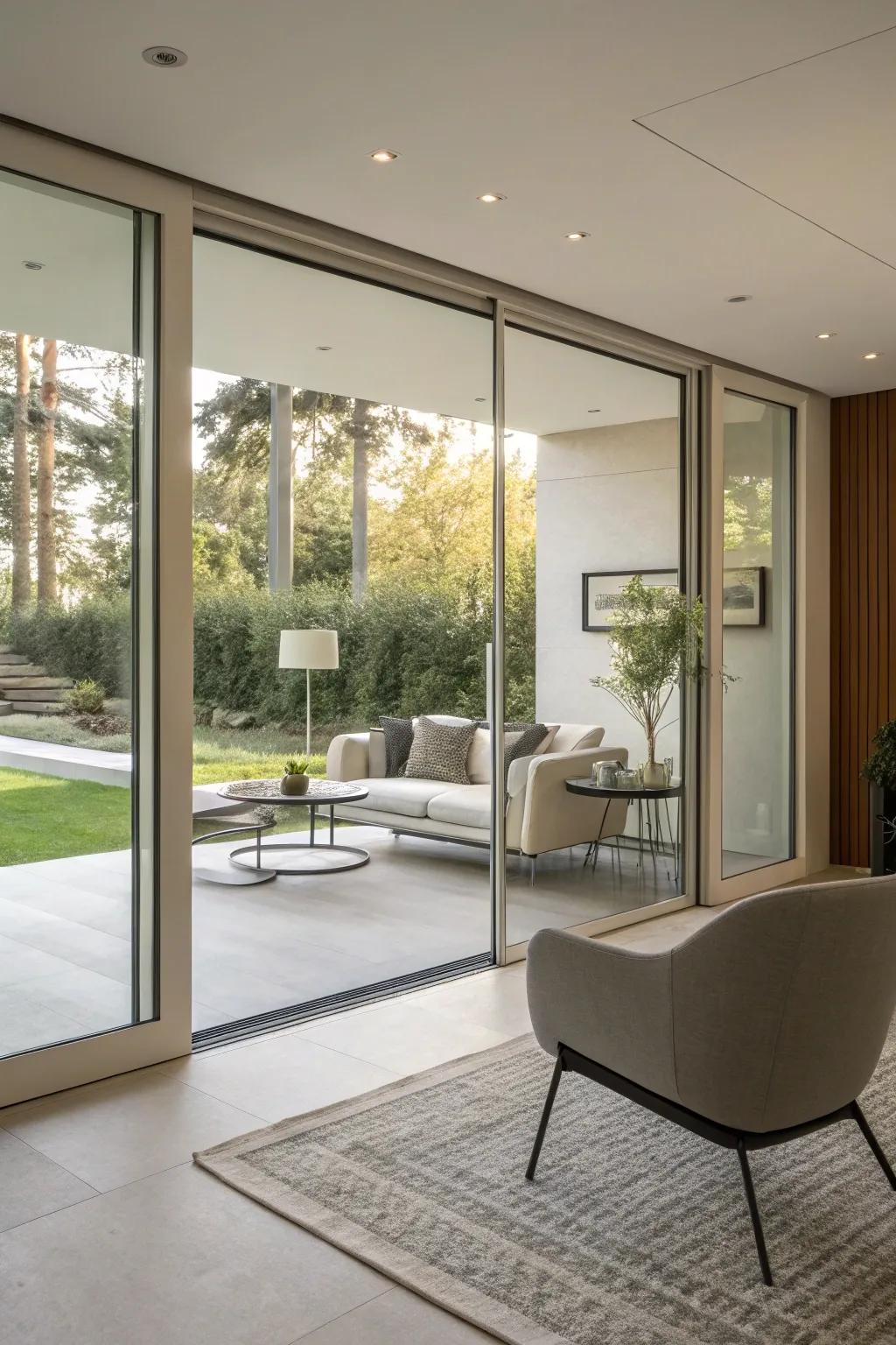 Glass doors create a seamless flow of space.