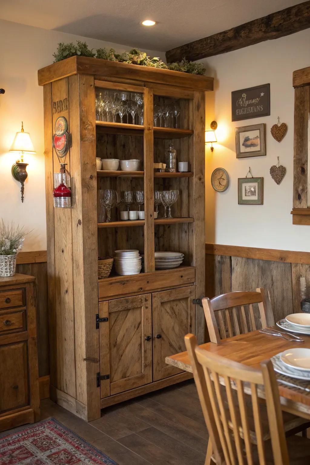 Add warmth with a rustic, reclaimed wood cabinet.