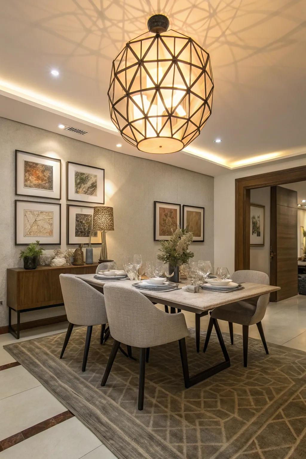 A geometric fixture adds modern flair to a chic dining room.