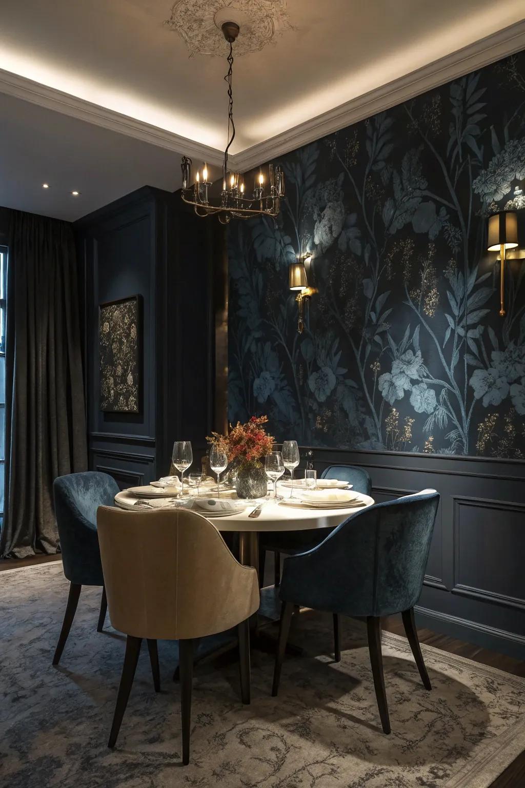 Dark wallpaper adds a layer of sophistication to this contemporary dining room.