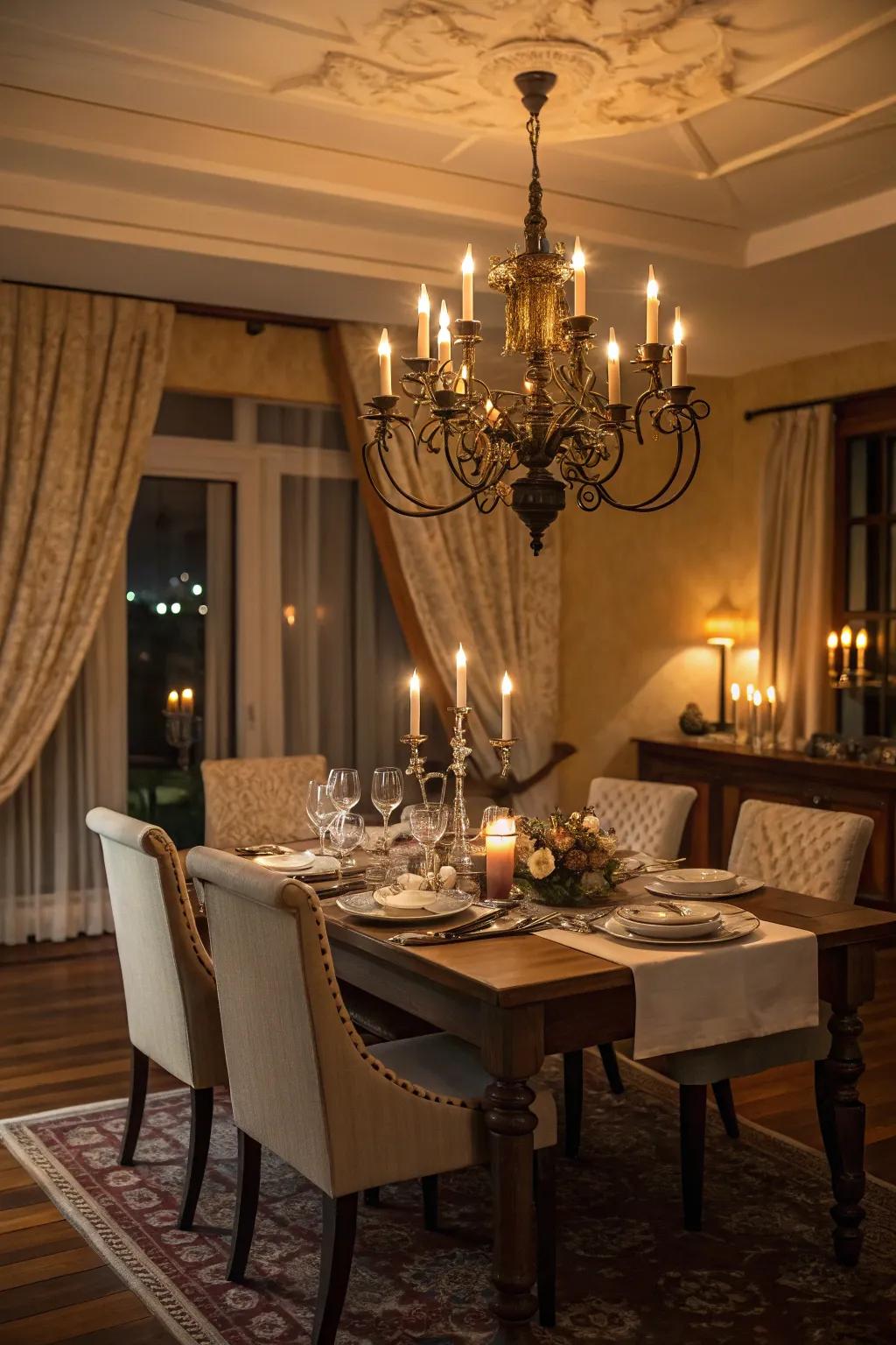 A dining table under an elegant chandelier.