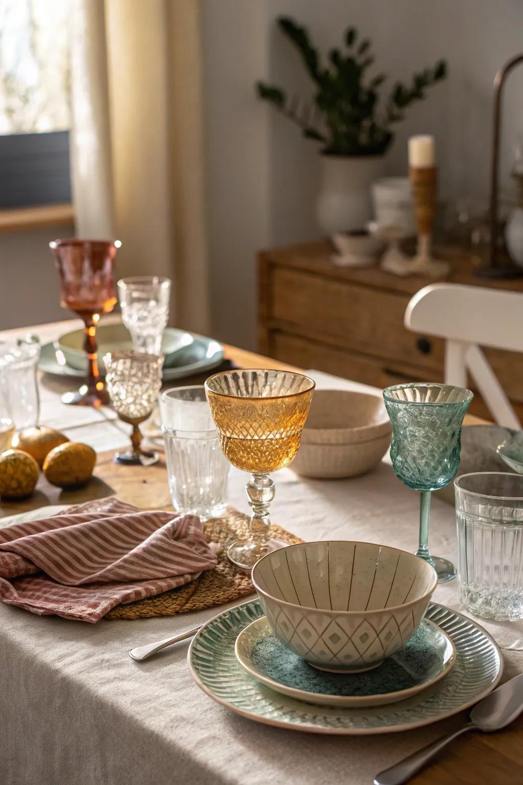 A dining table combining vintage glasses with modern tableware.