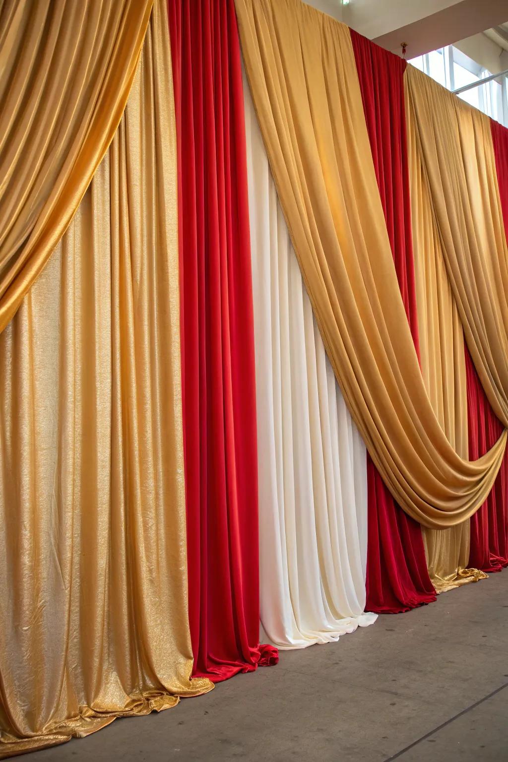 Elegant fabric drapes create a luxurious backdrop.