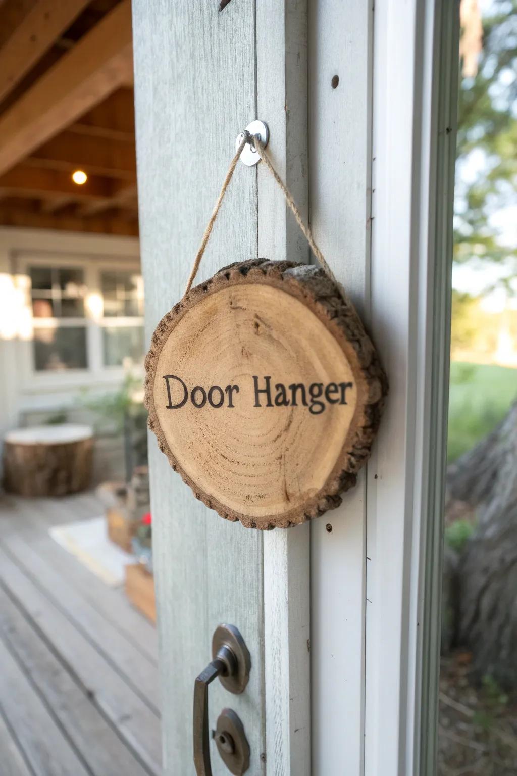 Embrace a rustic aesthetic with a natural wood slice door hanger.