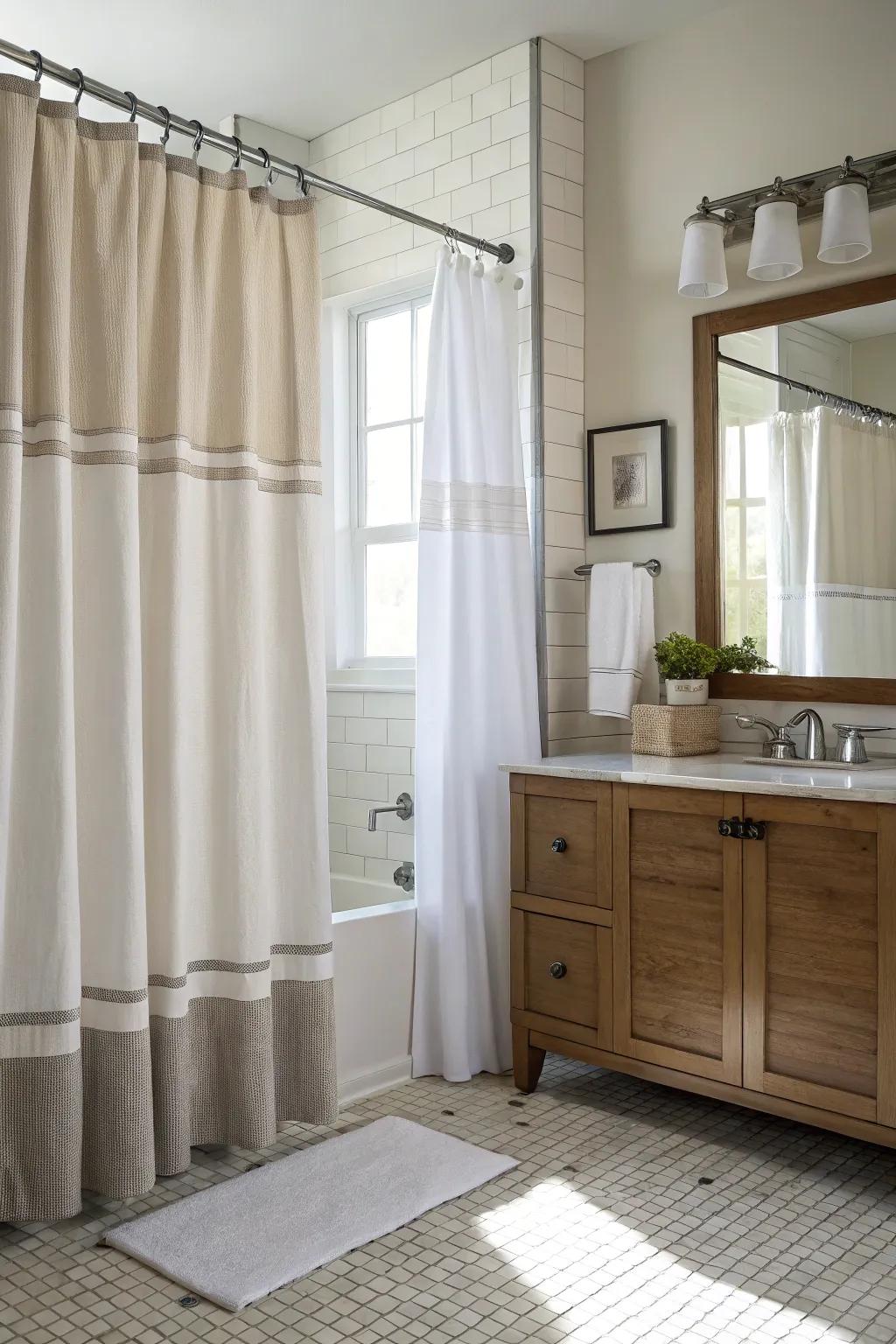 Layered curtains add privacy and drama to your bathroom.