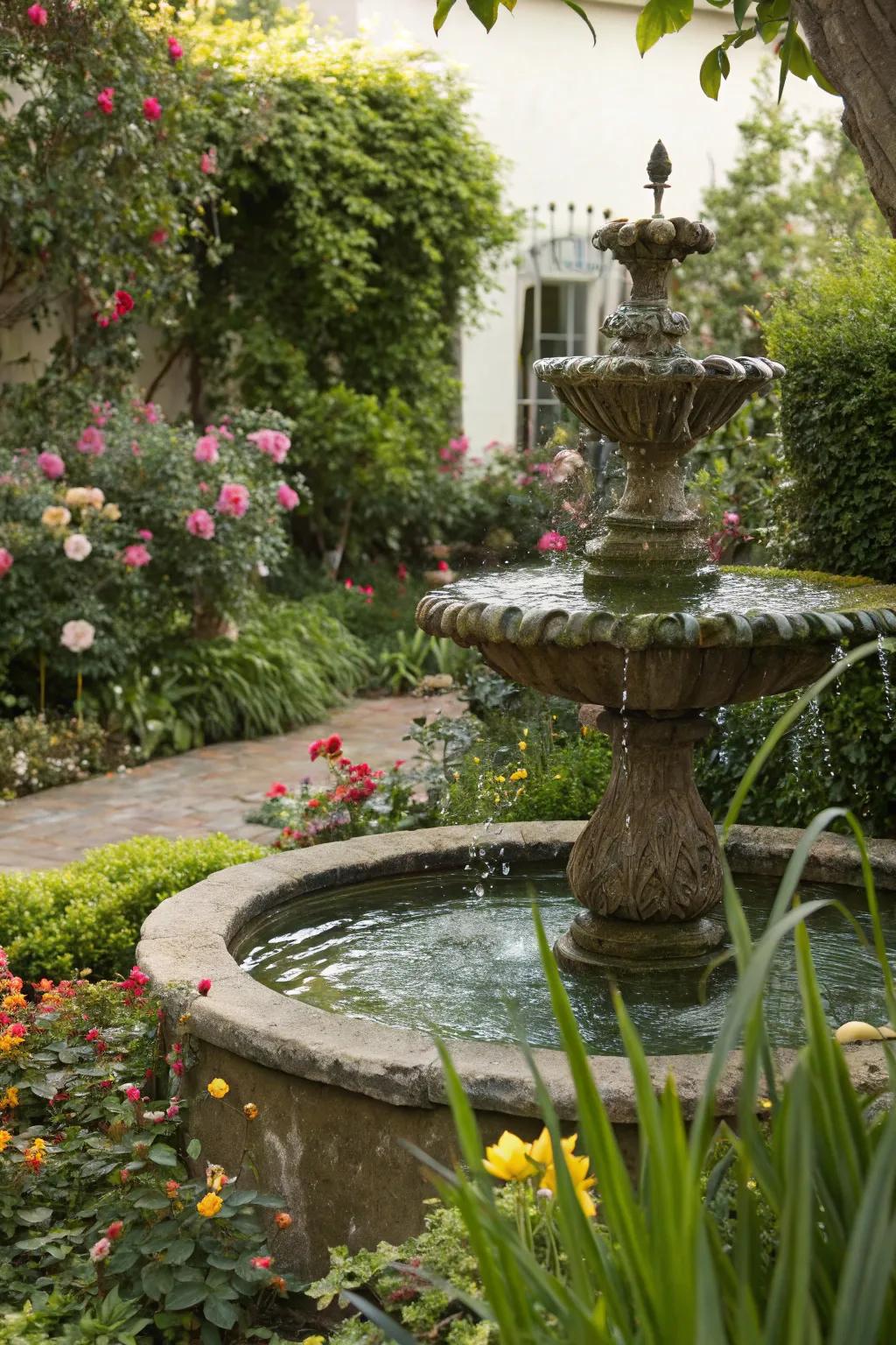 A whimsical water feature adds serenity to the garden.