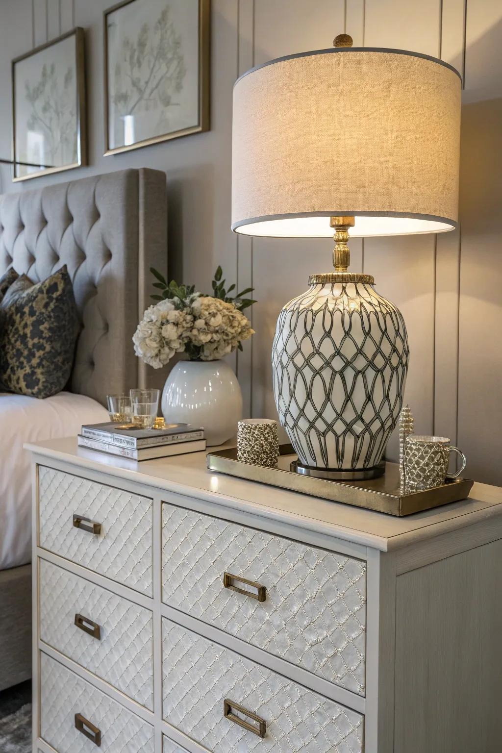 A ceramic lamp adds artistic flair to this dresser.