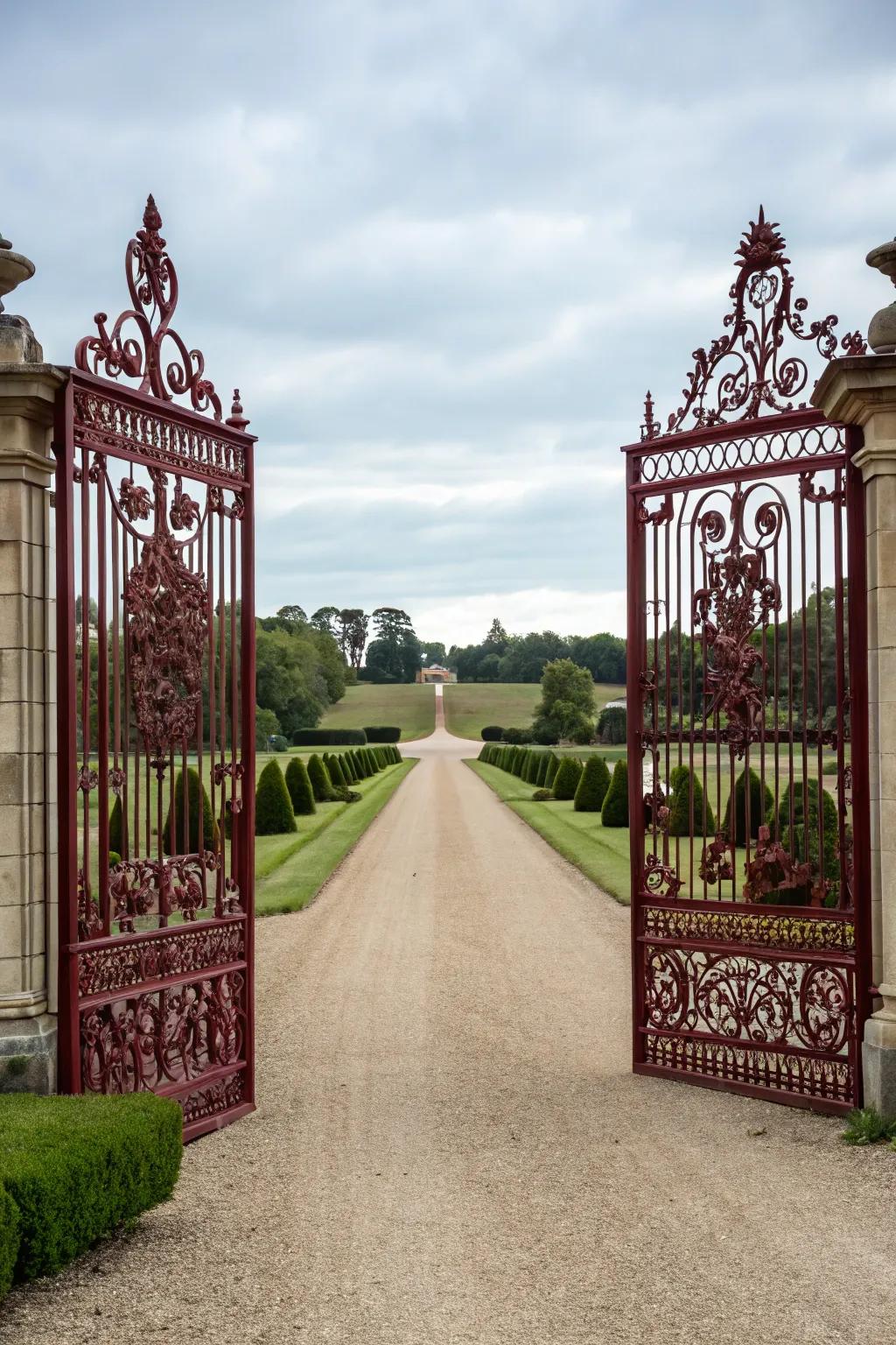 Ornate gates providing a grand entrance to the driveway.