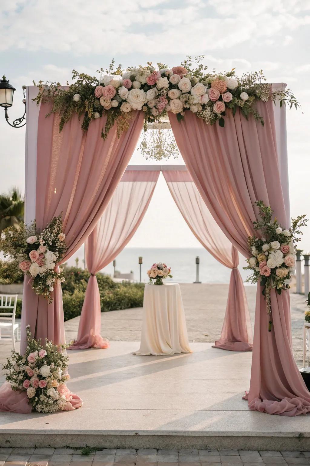 Romantic backdrop with dusty rose drapery.