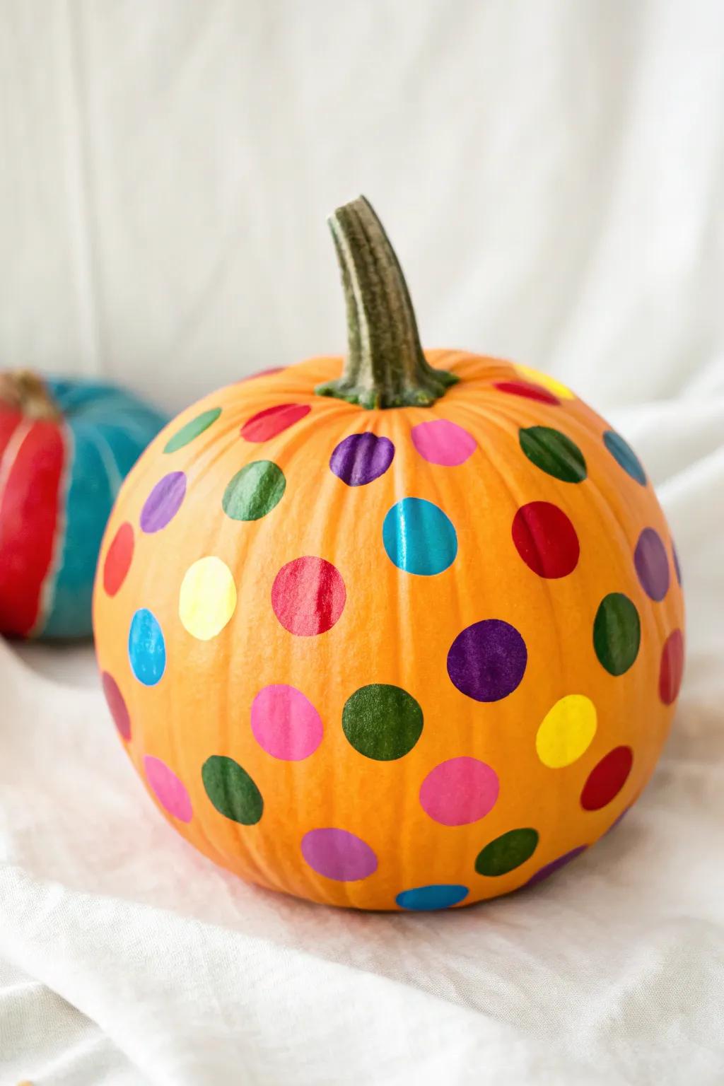 Colorful polka dots bring a playful spirit to this Halloween pumpkin.