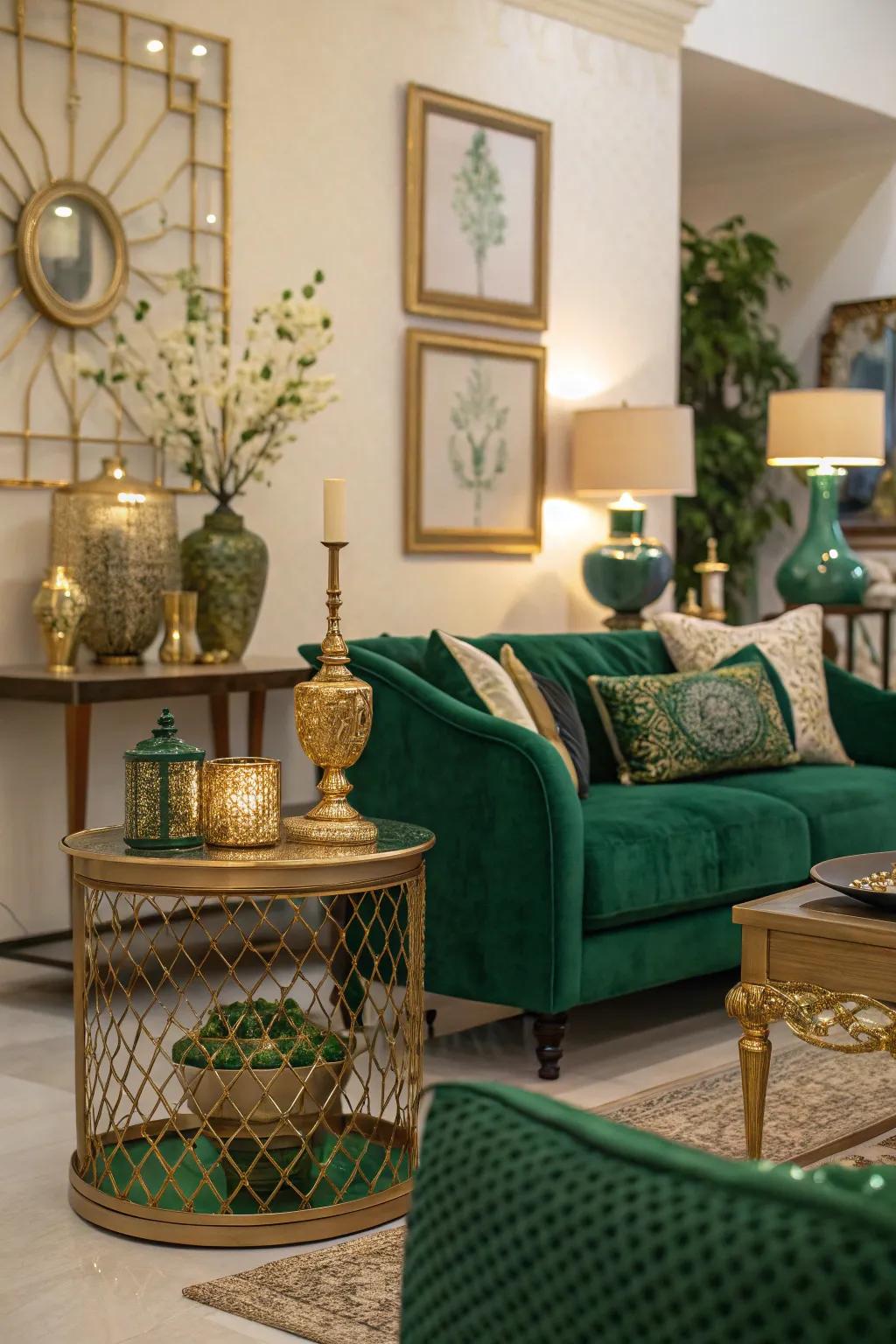 Elegant combination of emerald green and gold accents.