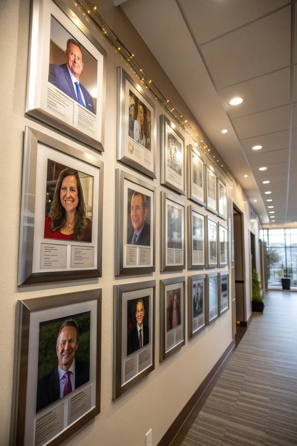 A photo wall that spotlights individual achievements with personalized details.