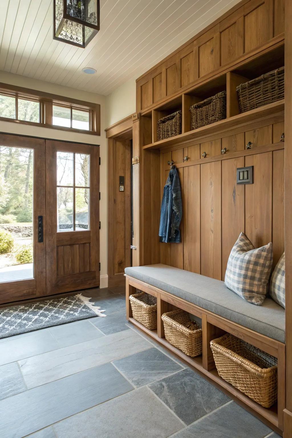 Combine style and utility with a bench and storage in your entryway.