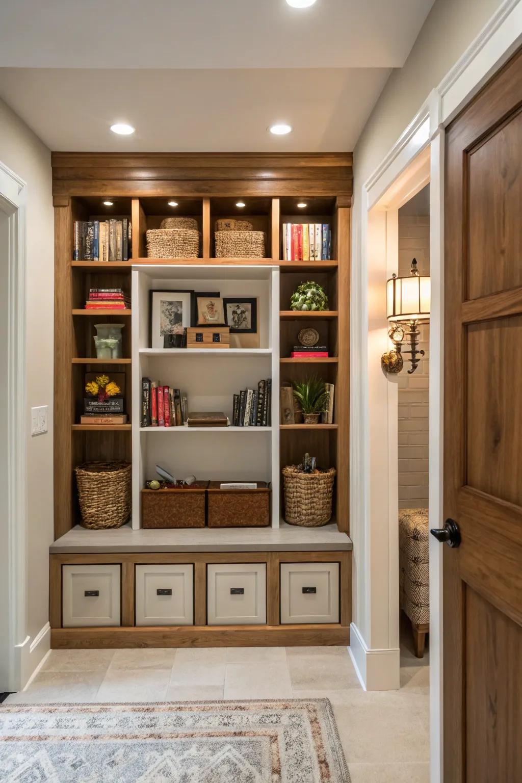 Built-in shelves and cubbies provide ample storage.