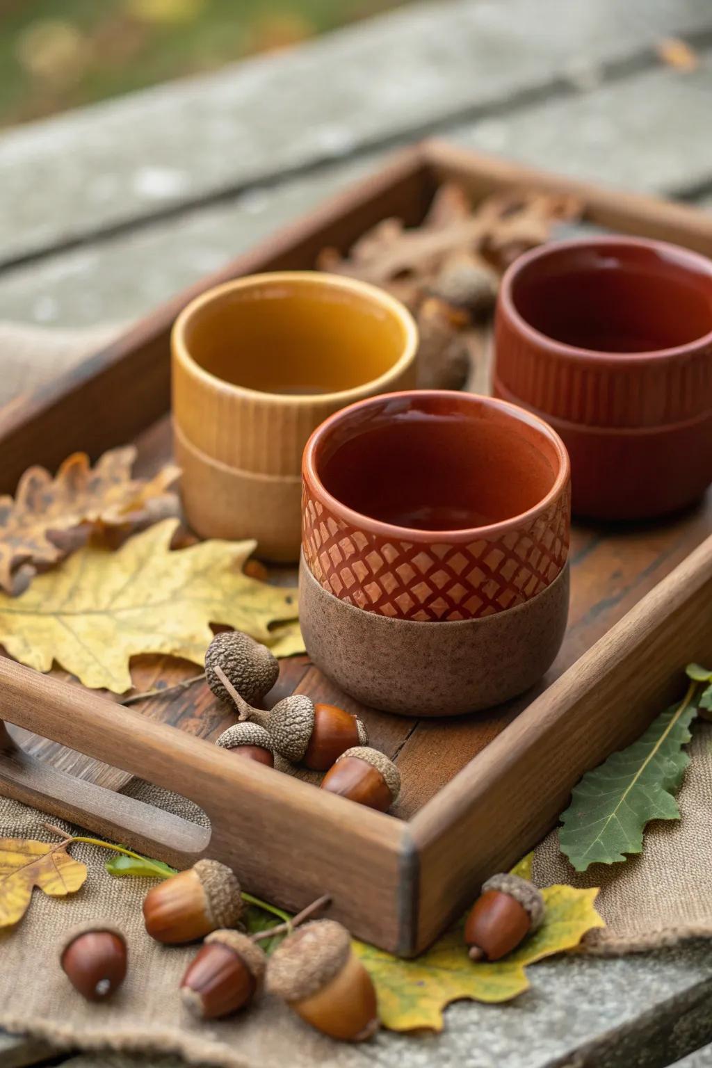 Ceramic cups in warm, earthy fall tones.